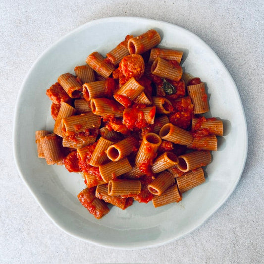 Rivet Rigatoni with Sausages, Saffron and Tomatoes